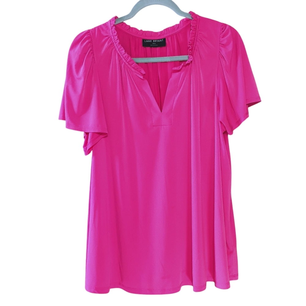 Lane Bryant Hot Pink V-Neck Ruffle-Trim Flutter Sleeve Top